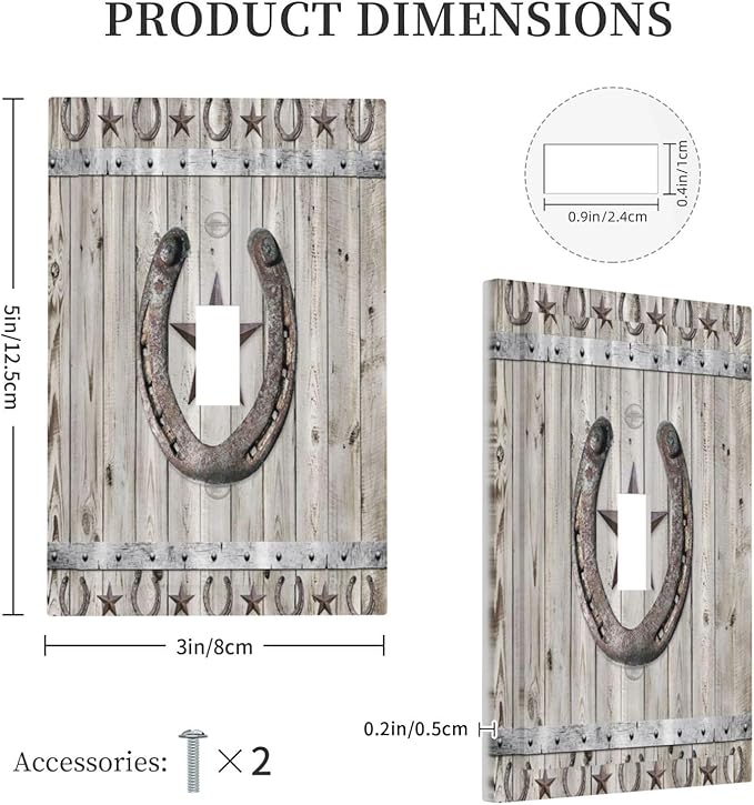 Rustic Western Wood Barn Door Horseshoe Iron Star 1 Gang Light Switch Covers Single Toggle Wall Plate Decorative Switchcover Electrical Switchplate for Farmhouse Country Bedroom Decor