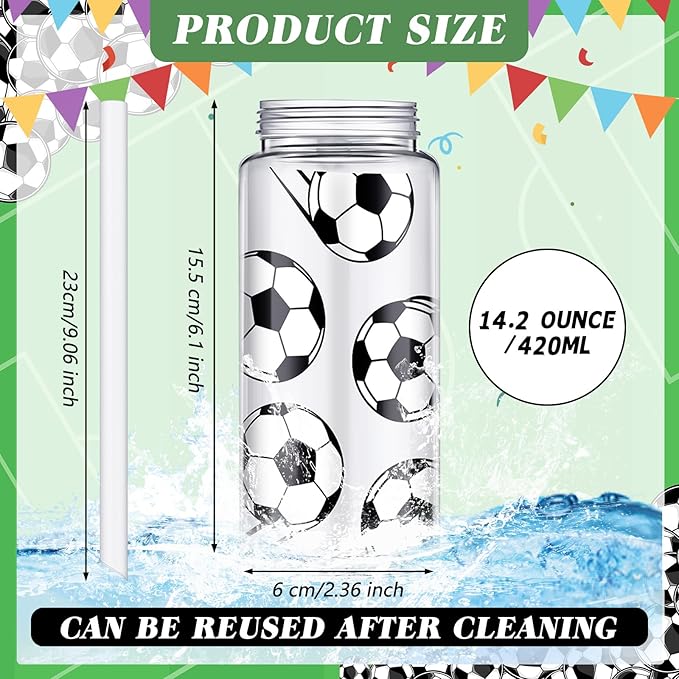 40 Pcs Soccer Party Favors 20 Pack Soccer Cups with Lid and Straw 14.2 oz Reusable Tumbler Clear Plastic Drinking Cups with 20 Pack Drawstring Bag for Birthday School Sport Decorations