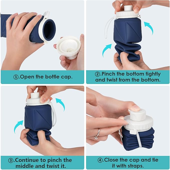 Collapsible Water Bottle Foldable Silicone Travel Water Bottle Leakproof Flexible BPA Free Portable,Folding Water Bottle Lightweight for Camping, Hiking,Sports Water Bottles Travel 23oz