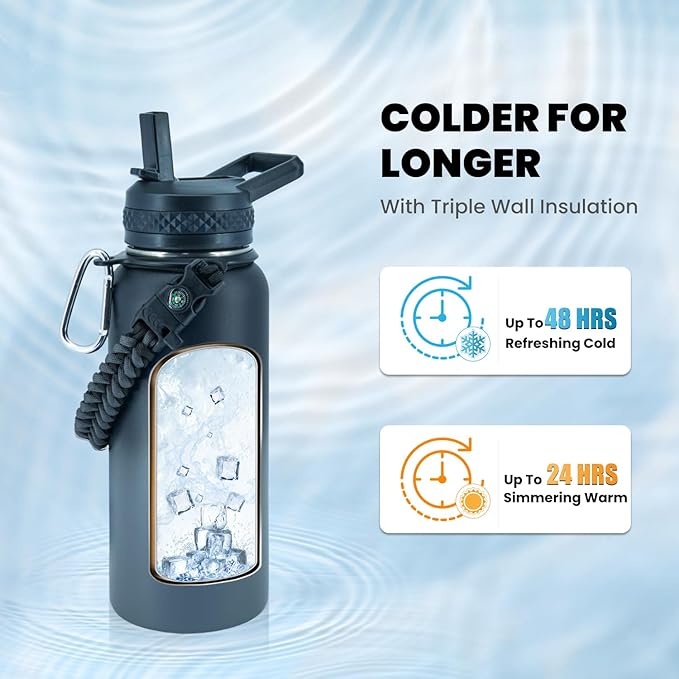 Insulated Water Bottle 40 oz, Triple Wall Vacuum Stainless Steel (Cold for 48 Hrs), Leak Proof & Non-BPA, Modern Water Flask Jug with Paracord Handle & Straw Spout Lids, Dark Grey