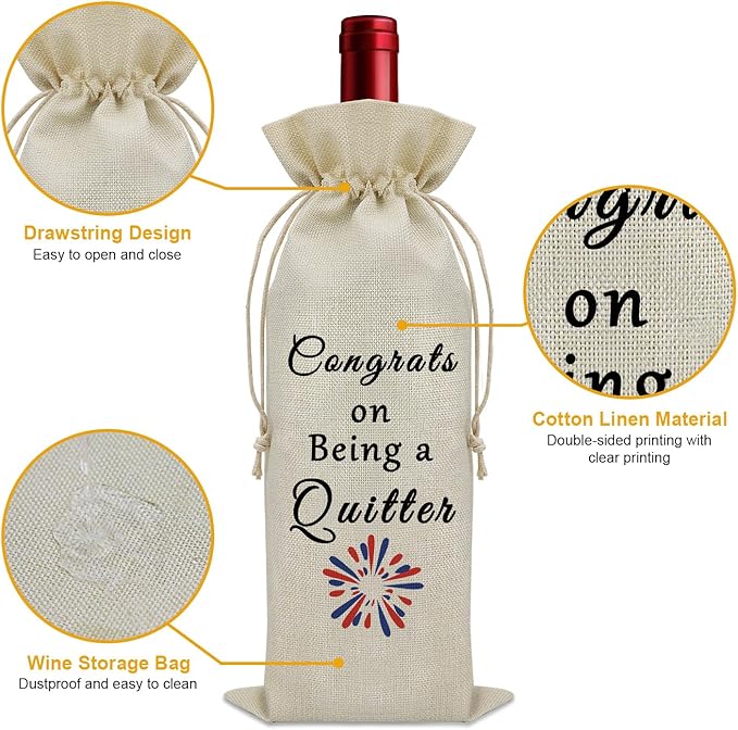 Quitter Gifts for Coworkers Wine Bag Funny Retired Gifts for Women Men Retirement Gifts for Colleagues Wine Bottle Decoration Bag Wine Accessories Gifts for Wine Lovers Anniversary Birthday Gifts
