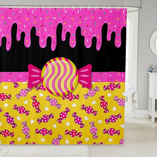 Feelyou Sweet Candy Shower Curtain 72"x72" Kids Donuts Print Bathroom Shower Curtain Set for Boys Girls Teens Love Heart Bath Curtain Black Pink Yellow Bathroom Accessories