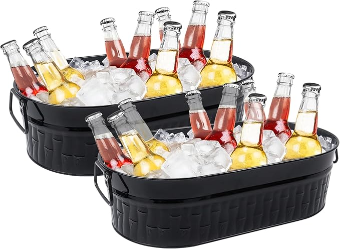 Klmnop 2 Packs Ice Bucket, 14L Metal Beverage Tub with Handles, Black Drink Tub&Drink Buckets for Parties(Black)
