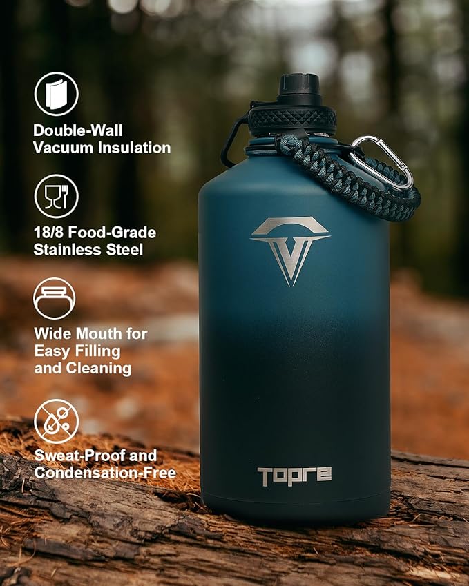 One Gallon Water Bottle,128oz Insulated Flask Stainless Steel Vacuum, Cold for 48 Hrs,BPA-Free & Leakproof -with Paracord Handle,Strap,Straw Spout Lids,Large Jug for Gym Sports,Indigo Black