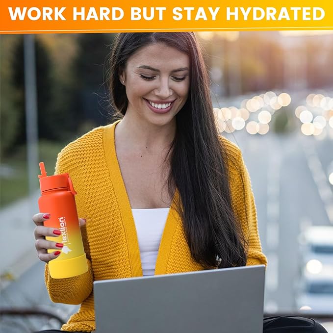 Water Bottle 32oz, Triple Walled Insulated Stainless Steel Reusable Bottle, Silicone Sleeve, Cleaning Brush, 2 Lids (Spout lid & Straw lid w/2 straw), Metal Mug Gallon, BPA Free, Sunset