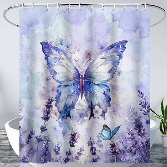 AILONEN Beautiful Butterfly Shower Curtain,Purple Butterfly Bath Curtain for Bathroom for Girls,Lavender Flower Shower Curtain,Watercolor Tie Dye Shower Curtain Set with Hooks,60" W*72" H