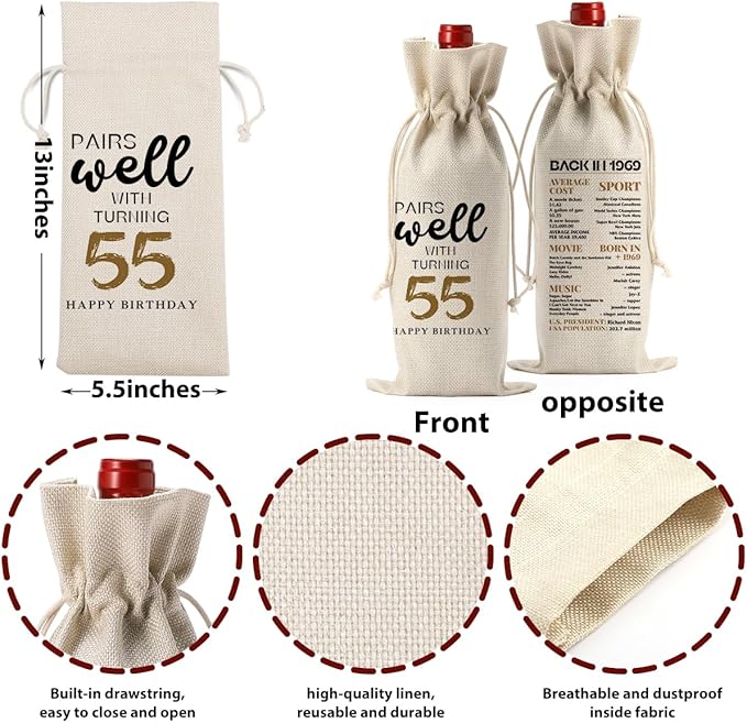 55th Birthday Gifts for Women Men, Birthday Gift 55 Year Old Woman Grandparents Wine Gift Bag, Wine Accessories Gifts Anniversary 55th Birthday Decorations Wine Bag Wine Bags for Wine Bottles Gifts