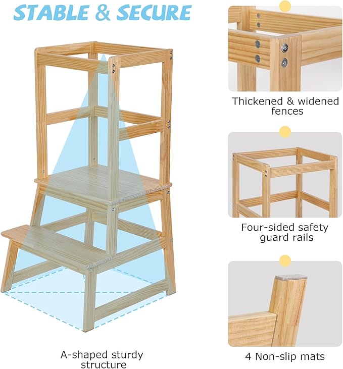 Kids Kitchen Step Stool, Standing step stool with Safety Rail for Toddlers 18 Months and Older, Safety Anti-Slip Protection, Removable Step Stool for Adult Use, Natural