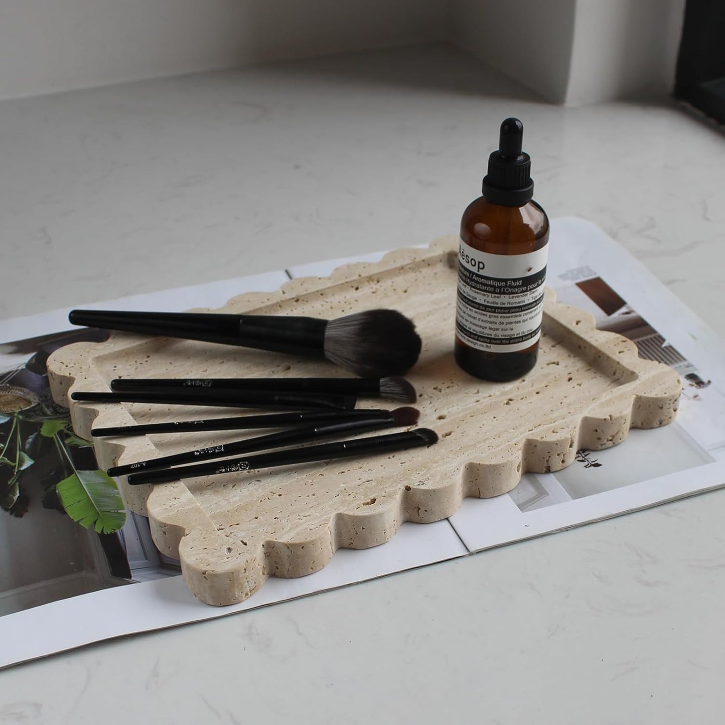 Natural Luxury Scalloped Marble Tray 10.8"x8", Rectangle Vanity Tray for Bathroom Kitchen Counter, Decorative Tray for Dresser Home Decor (Beige Travertine)