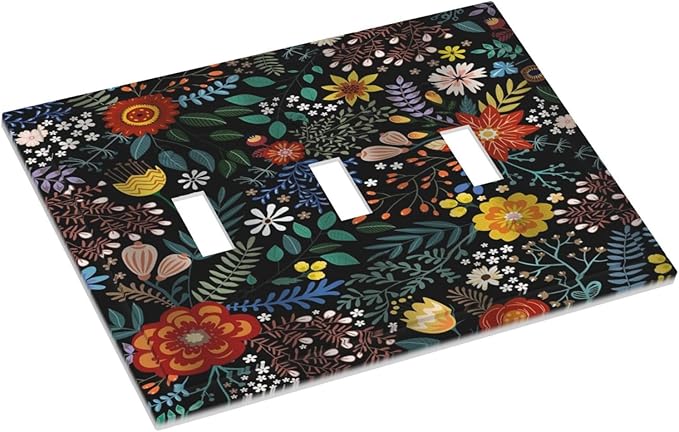 Vintage Colorful Flower Boho Floral Rustic Dark Leaves 3 Gang Light Switch Covers Triple Toggle Wall Plate Decorative Switchplate Electrical Faceplate for Farmhouse Country Bedroom Decor
