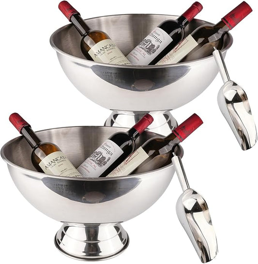 Large Ice Bucket 13L Stainless Steel Champagne Bowl Ice Bucket with Ice Scoop Semicircle Drink Tub with Integrated Base Silver Beverage Tub for Parties, Cocktail Bar, Chilling Wine,2Packs (1 pack)
