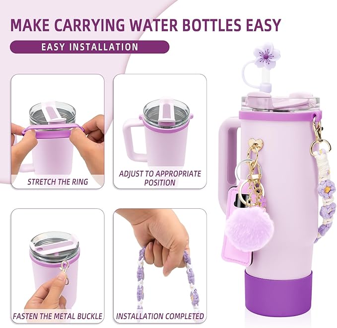 Stanley Cup Accessories Set Including 1 Pcs Water Bottle Handle Strap, 1 Pcs Siliocne Straw Cover, 1 Pcs Siliocne Stanley Cup Boot, 3 Pcs Stanley Charms for Stanley Cup 40oz & 30oz Tumbler - Purple