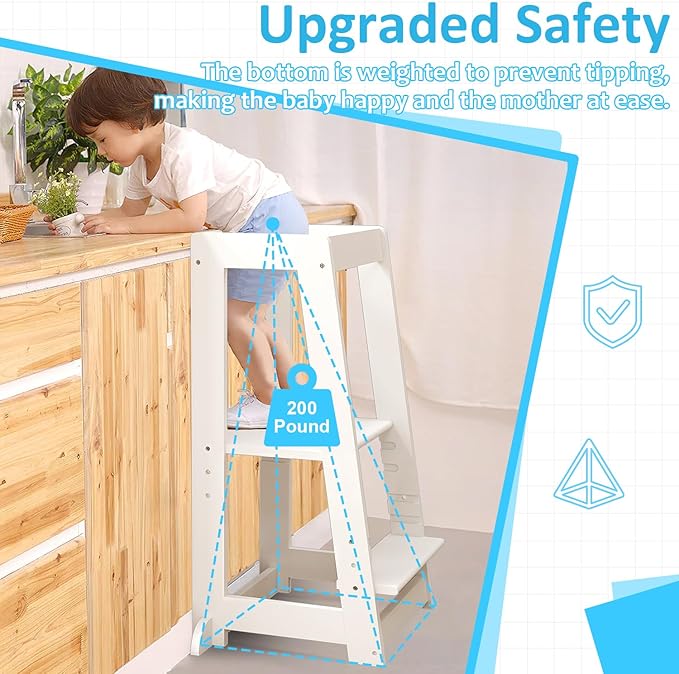 Kids Kitchen Step Stool, Step Stool for Toddlers, Adjustable Height Toddler Standing Tower, Anti-Slip Protection with guardrail, The Anti-Tipping Structure is More Stable (White)