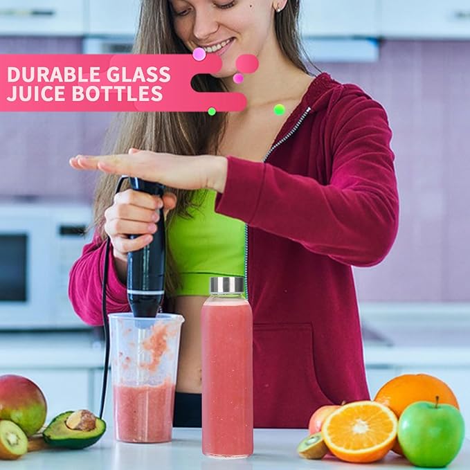 Glass Water Bottles,16 oz Clear Glass Bottles with Lids,Reusable Juice Bottles with Stainless Steel Cap,Portable Drinking Bottles for Soda Water,Kombucha