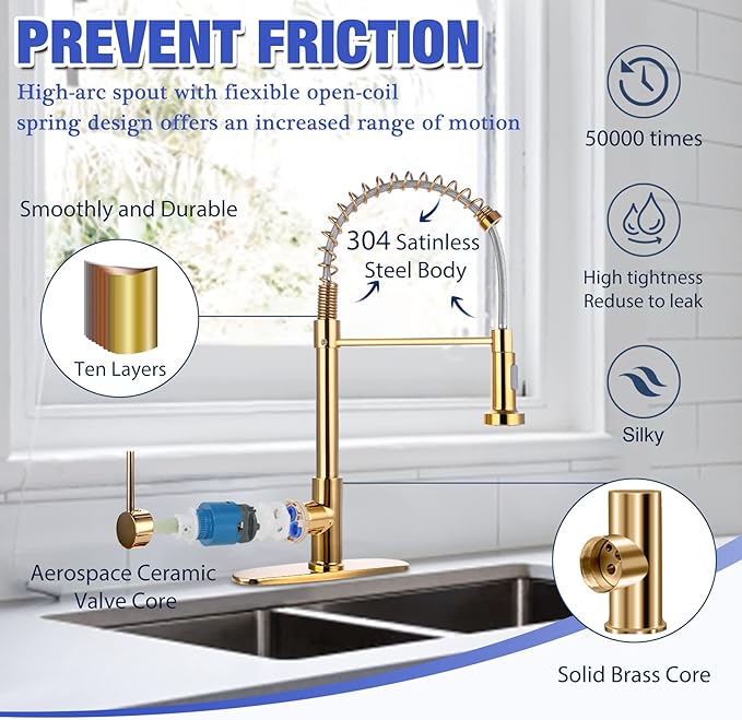 Kitchen Faucets Gold Kitchen Faucet with Pull Down Sprayer RV Kitchen Sink Faucet Stainless Steel Kitchen Faucet Single Hole Kitchen Faucet Sprayer Gold Sink Faucet Kitchen Modern Tall Kitchen Faucet