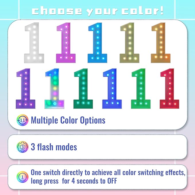 4FT Marquee Light Up Numbers Marquee Numbers 1, Choose Your Color, NO Glue Gun Needed, Birthday Decorations for Him & Her for Girl & Boy