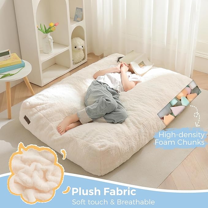 MAXYOYO Bean Bag Chair Bed for Kids, Convertible Bean Bag Folds from Lazy Chair to Floor Mattress Bed, Stuffed Floor Sofa Couch Sofa Bed for Boys and Girls, High-Density Foam Filling, Beige