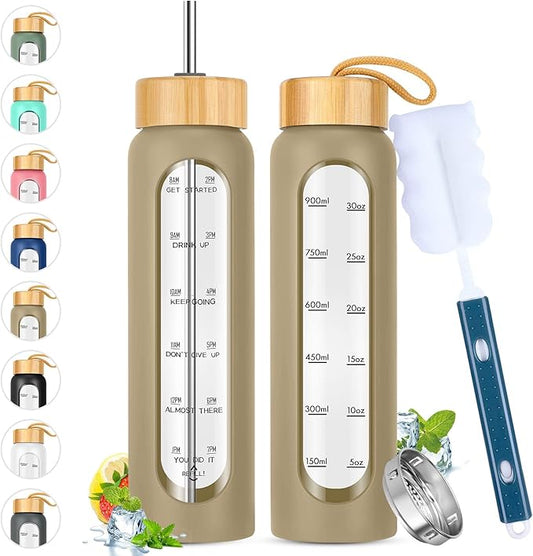 32 oz Glass Water Bottles with Straw - Motivational Glass Water Bottle with Time Marker & Silicone Sleeve - Reusable Glass Tumbler Includes 2 Bamboo Lids & Fruit Infuser - 1 Pack