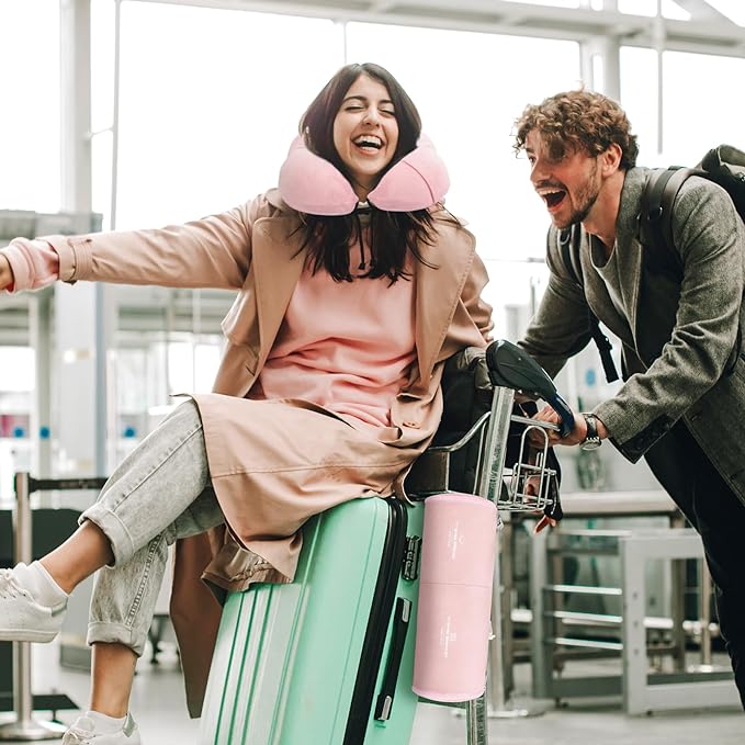 Travel Pillow and Blanket Set Neck Pillows Travel Essentials with Sleep Mask for Airplane Car Memory Foam Pink