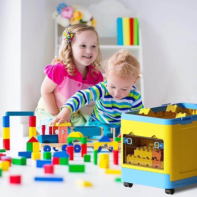 Collapsible Kids Storage Box with Building Base for Lego Toy Organizer Bins with Lids and Wheels Stackable Toys Chest Containers Building Block Bricks Storage Case for Children