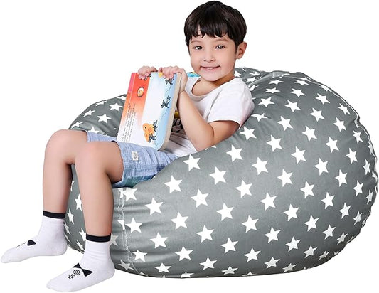 Lukeight Stuffed Animal Storage Bean Bag Chair Cover for Kids, Zipper Beanbag Chair Cover for Organizing Toddler & Kids' Rooms Plush Toys (Stars Gray Velvet, Large)