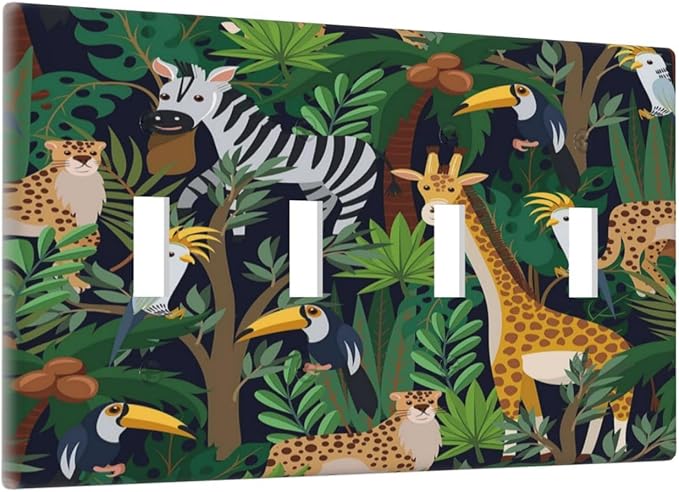 Cartoon Animal Zebra Leopard Giraffe Bird Leaf Quad Toggle Nursery Light Switch Covers Decorative 4 Gang Wall Plate Electrical Faceplate Switchplate for Kidroom Bedroom Bathroom Decor