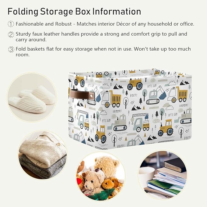 Excavator Truck Toy Storage Basket Fabric Kitchen Baskets Cars Boys Toys Open Home Storage Bins Boxes Foldable Organizer Bag for Baby Cloth Book Shelf Closet Baskets 16×12×8 Inches
