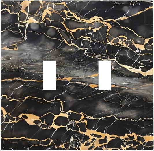 Golden Veins Marble Double Toggle Light Switch Covers 2 Gang Wall Plate Dual Decorative Switchplate Electrical Faceplate for Bathroom Country Kitchen Bedroom Decor, 4.9" x 5"