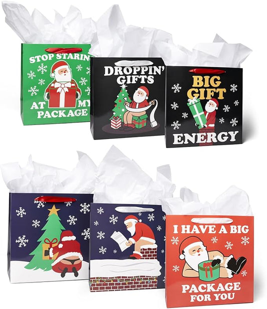 Tipsy Elves Christmas Gift Bags with Included Tissue Paper - Naughty Santa Gift Bags - One Size Only - Pack of 6 Bags