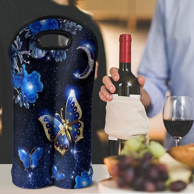 doginthehole Blue Butterfly Wine Bag with Handle Neoprene Tote Wine Champagne Beer Bags Reusable Washable Wine Carrier Portable 2 Bottle Wine Carrying Bag, Gift for Wine Lover