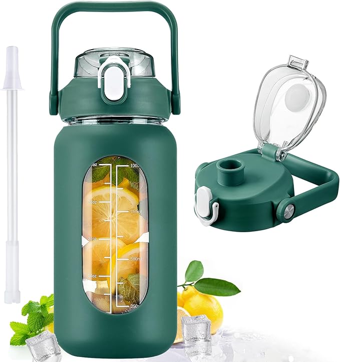 kytffu 42oz Glass Water Bottles with Straw, Motivational Glass Bottle with Silicone Sleeve and Time Marker, Leakproof Large Glass Water Jug for Gym Home Office, Ink green