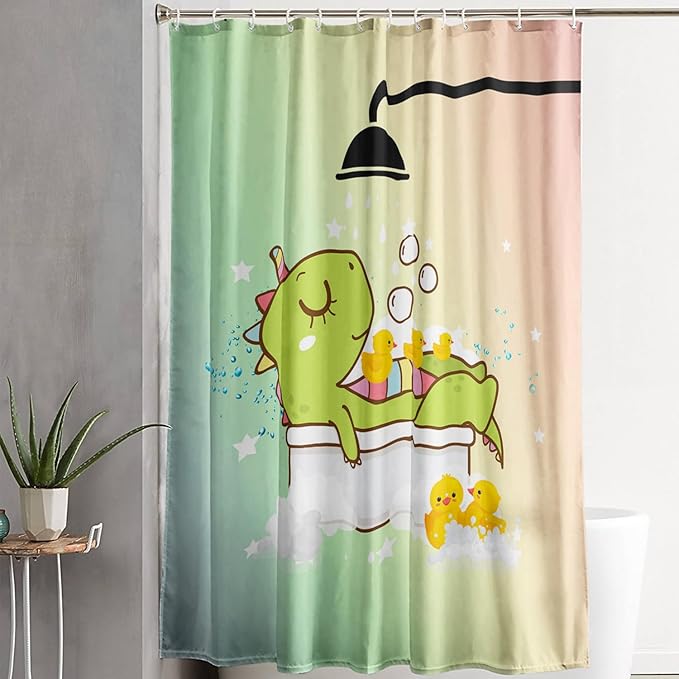 AILONEN Cartoon Shower Dinosaur Shower Curtain for Kids,Funny Green Dinosaur Shower Curtain Set with Hooks,72" W*78" H
