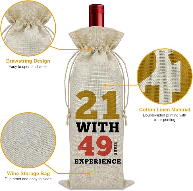 Sazuwu Funny 70th Birthday Gifts Wine Bag 70 Year Old Birthday Gifts for Friend 1954 Birthday Gifts Wine Bottle Decoration Bag 21 with 49 Years Experience Wine Accessories Gifts for Wine Lovers