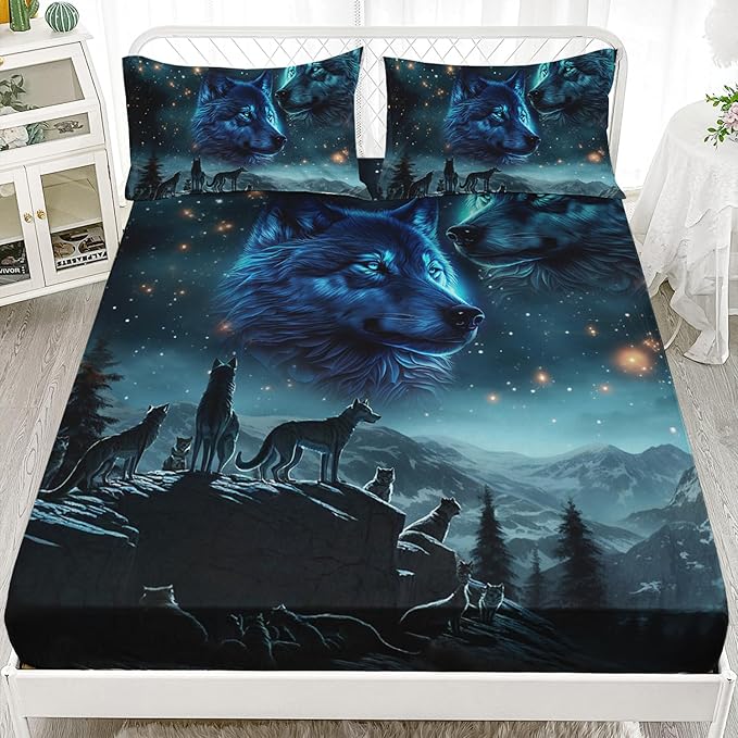 AILONEN Boys Wolf Fitted Sheet Set Queen Size, 3 Pieces Evening Starry Bedding Set Wild Animal Wolf Sheet Set for Boys Men Kids,Wildlife Bed Sheet Set Wolf Fitted Sheet with 2 Pillowcases
