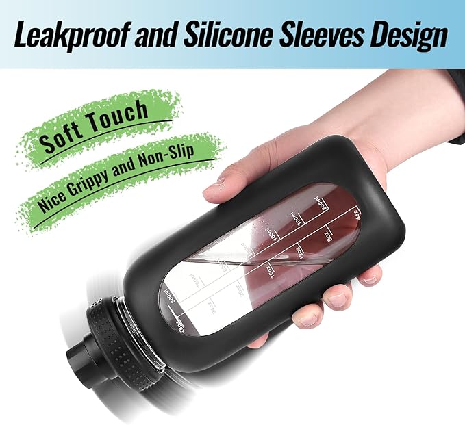 64 oz Glass Water Bottle With Straw and Handle, Half Gallon Sports Motivational Water Jug Flask with Silicone Sleeve, Large Water Cup with Time Marker for Travel, Gym, Sky Blue