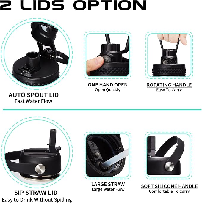 64OZ Insulated Water-Bottles with Straw - Spout Lid, Stainless Steel Metal Water Jug Keep Cold 48h/Hot 24h, Half Gallon Water Bottle w/ Paracord Handle & Carry Sleeve Strap for Hiking Camping Sport