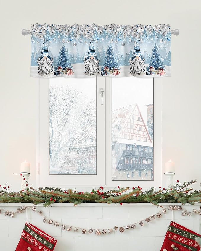 Christmas Gnome Valance Curtains for Kitchen Windows Winter Merry Christmas Tree Balls Rod Pocket Window Treatment Toppers for Kitchen/Living Room/Bedroom/Bathroom, 42" X 12", Blue