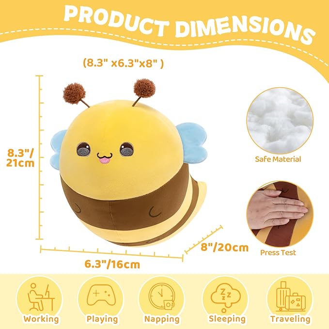 Cute Stuffed Animal Toy Fruit Plush Pillow, Funny Bee Throw Pillow, Soft Food Shape Hugging Pillow Plushie for Boys Girls Birthday Toy