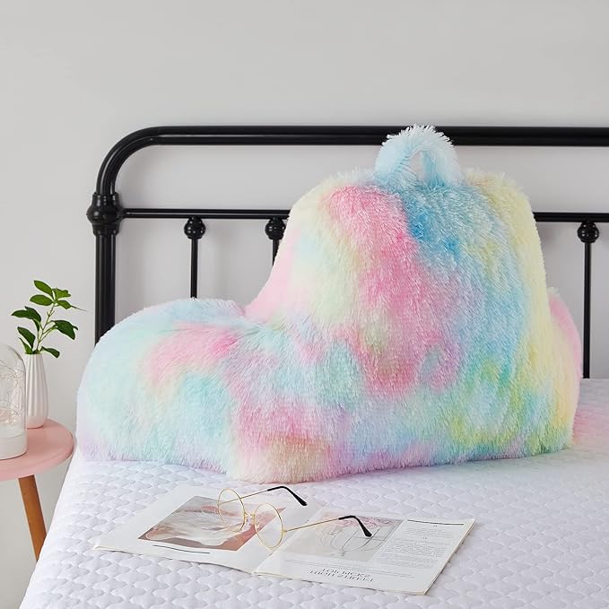 Fluffy Fur Reading Pillow for Adults & Kids Unisize, Stylish College Essentials for Girl, Fuzzy Back Pillow for Sitting in Bed, Adorable Gift for Teens, Bed Rest Sit Up Arm Support Pillow