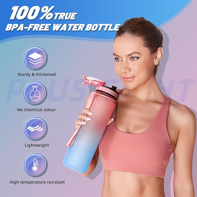 Sports Water Bottle, 32 oz Motivational Water Bottles with Time Marker to Drink, Leak-Proof Tritan BPA-Free with Carrying Strap for Women Men Gym Fitness Outdoor (Pink Blue)