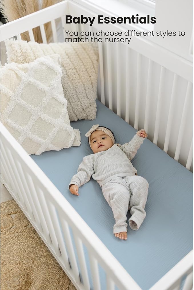 Konssy Muslin Fitted Crib Sheets 100% Cotton Baby Crib Sheets for Standard Crib Mattress (28 X 52 Inches), Soft and Breathable for Boy, Girl (Air Blue)