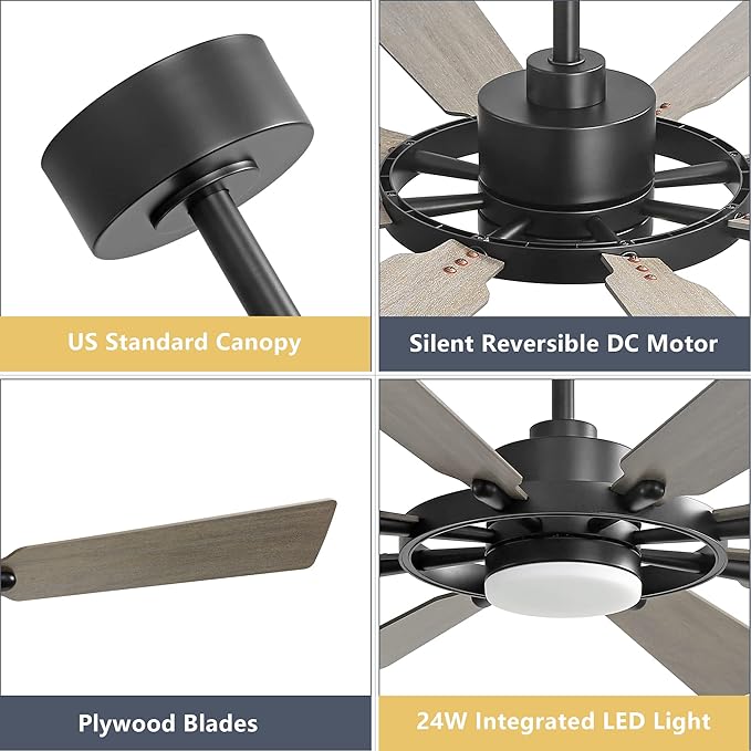80" Ceiling Fan with Lights and Remote Control, Wood 8 Blades 6-Speed Noiseless Reversible DC Motor, 3 Downrods, Modern Indoor/Outdoor Ceiling fan for Office Porch Dining Living Room, Black+Wood