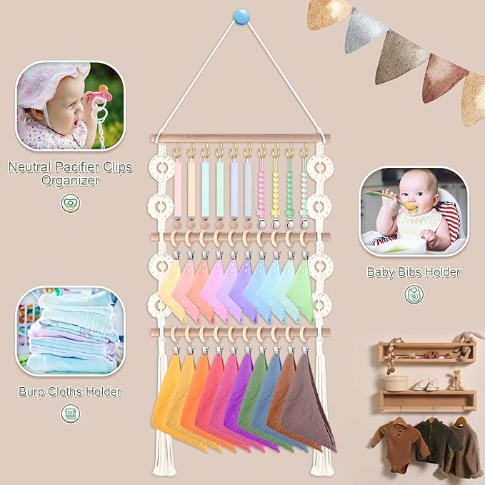 Baby Bibs Organizer Baby Nursery Organization Clothes Organizer Neutral Baby Bibs Holder for Bandana Drool Bibs Burp Cloths Infant Newborn Girl Boy Nursery Room