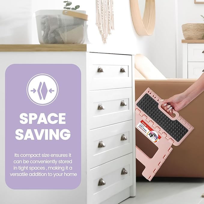 ACSTEP 9 Inch Folding Step Stool 300 LB Capacity Non Slip Foot Stool with Handle Plastic Foldable Step Stools for Kids Stepping Stool for Bathroom Black Small Step Stool (1 PC Pink)