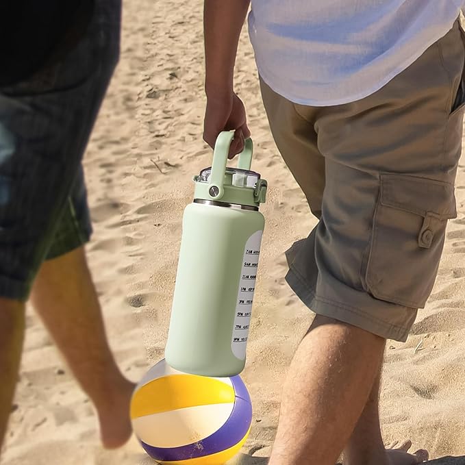 BLUEGO 64oz Insulated Water Bottle with Straw and Handle Leakproof Half Gallon Wide Mouth Motivational Water Bottle, 2-IN-1 Straw Spout Lid Stainless Steel Water Jug for Sport Travel Gym-Light Green