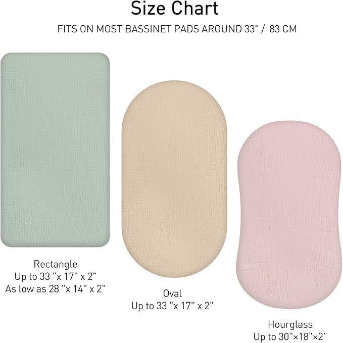 Muslin Bassinet Fitted Sheets, 2 Pack for Baby Boy and Girl, Soft Breathable Baby Pad/Mattress Sheet, Fit for Hourglass Oval and Rectangle Bassinet Mattress (Bright Leaves, Bassinet Sheets 2 Pack)