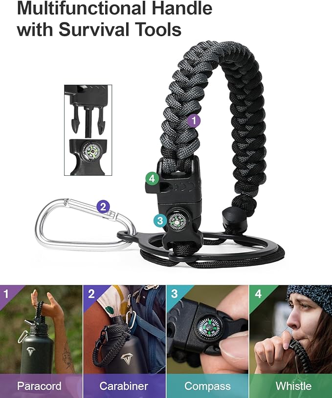 64 oz Insulated Water Bottle,Half Gallon Water Flask Stainless Steel Vacuum, Cold for 48 Hrs,BPA-Free & Leakproof -with Paracord Handle, Strap,Straw Spout Lids,Large Jug for Gym,Grey