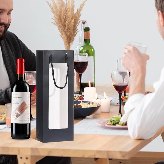 Megitzuu Wine Bottle Gift Bags With Window, 10 Pack Reusable Kraft Paper Wine Gift Bags for Wine Bottle Birthday Party Wedding Bridal Shower Gift Supplies