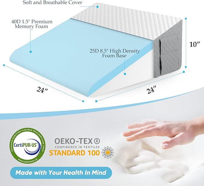 Forias Wedge Pillow for Sleeping,10" Bed Wedge Pillow for After Surgery,Acid Reflux,Snoring,Memory Foam Top Triangle Pillow Wedge with Breathable Removable Cover