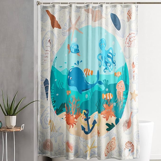 AILONEN Cartoon Dolphin Shower Curtain for Kids Boys Girls,Cute Sea Animals Waterproof Fabric Shower Curtain for Bathroom,Ocean Shell Theme Shower Curtain Set with Hooks,36" W*72" H